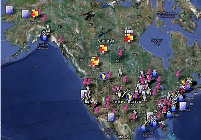 Color map of North America with symbols on it